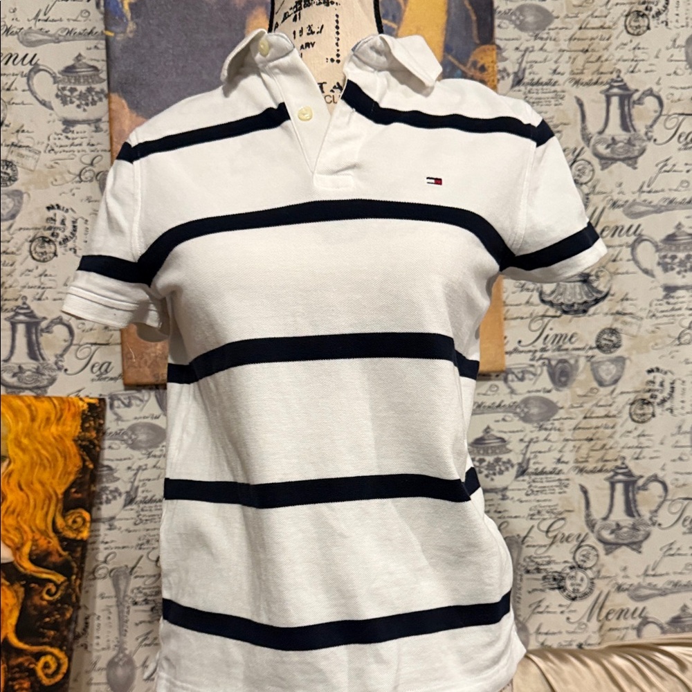 Tommy Hilfiger White and Black Striped Polo Shirt